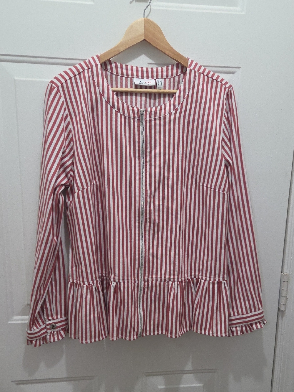 Denim&Co Red and White Striped Zip-Front Peplum Shacket L